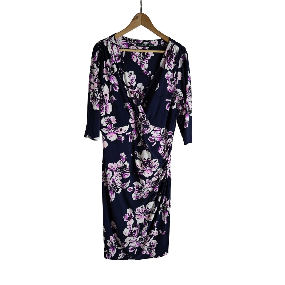 Lauren Ralph Lauren Navy Floral Surplice Sheath Dress 16W Purple White Jersey